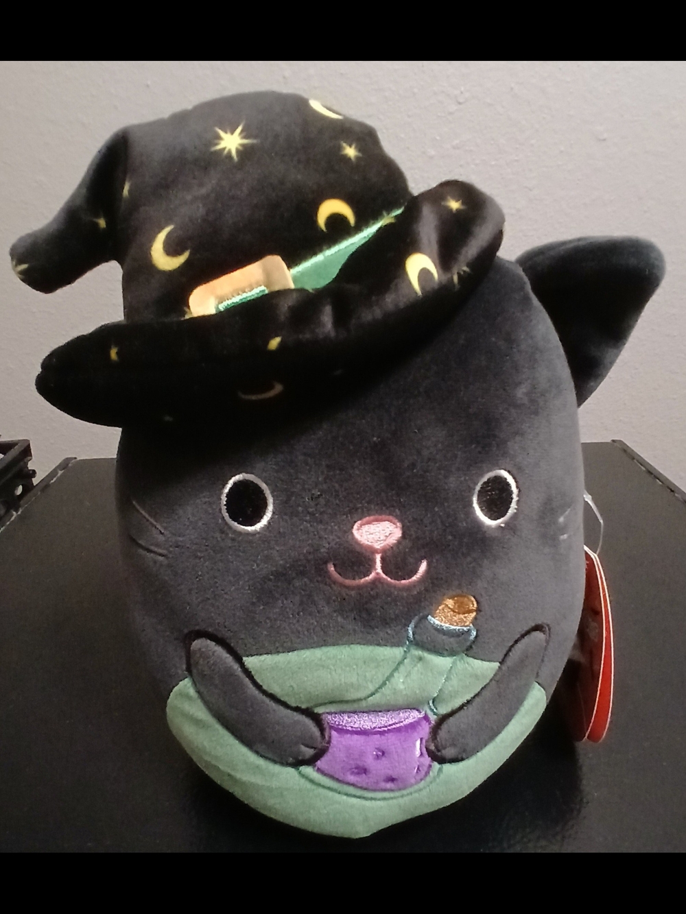 11 Inch Cleo Black Witch Cat Plush with Green Bowl and Purple Jar Accent